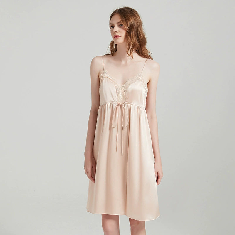 Silk Nightgown - Lace Backless Sling Sleep Dress - LANI SILK 