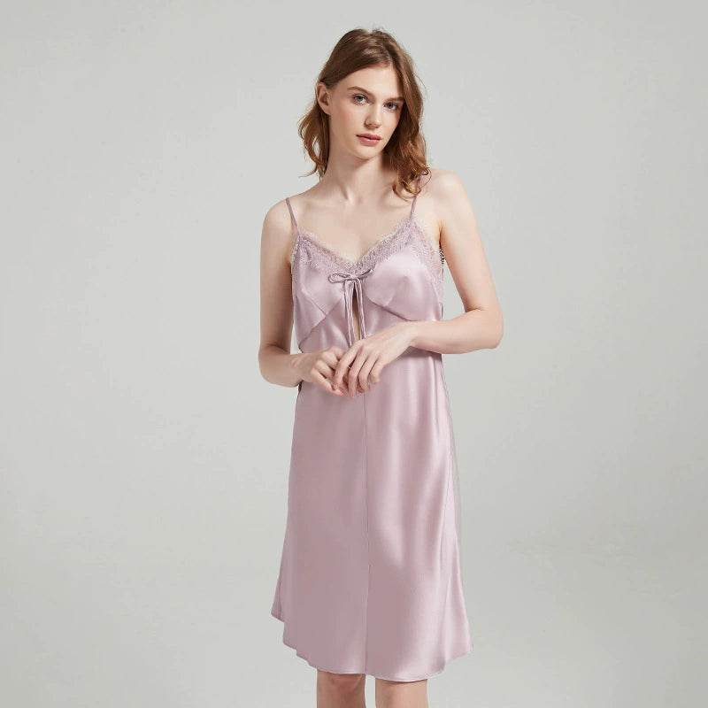 Silk Nightgown - Sleeveless Lace Embroidery Elegant - LANI SILK 