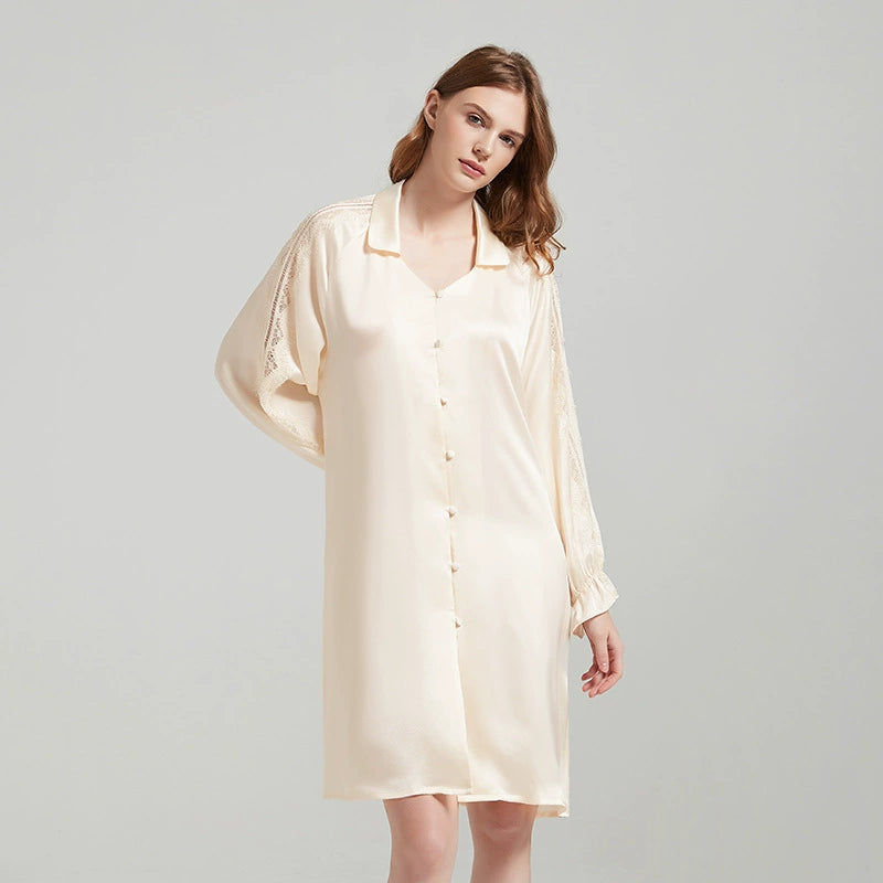 Silk Nightgown with Lace Sleeves – Soft & Elegant Feel - LANI SILK 