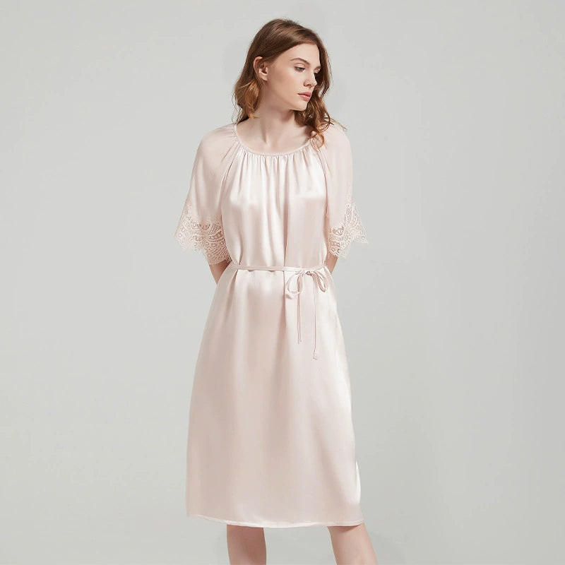 Silk Nightgown - Elegant Lace Short Sleeve & Simple Sleepwear - LANI SILK 