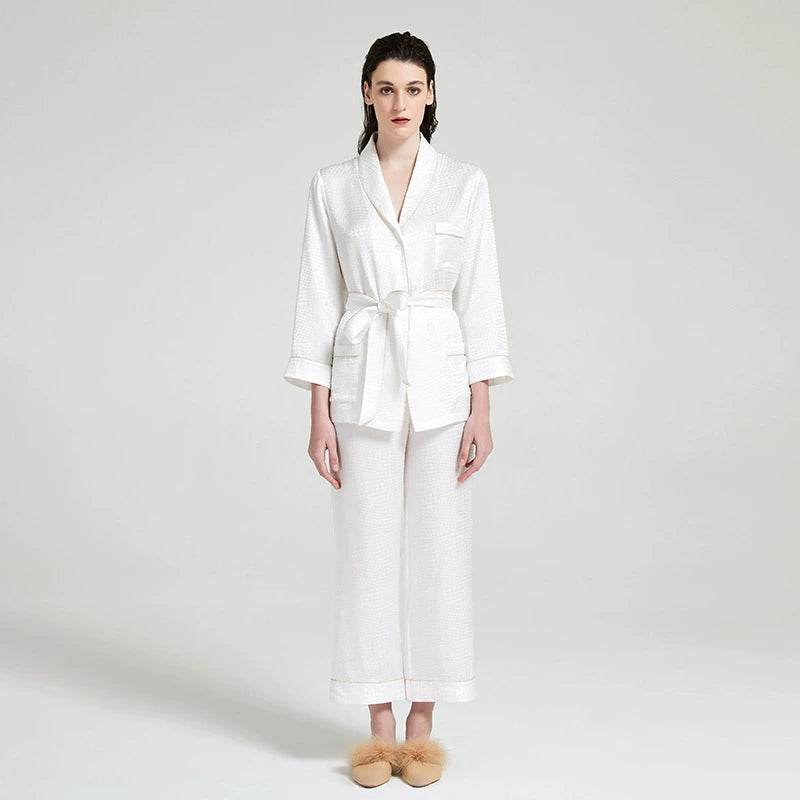 Silk Pajama Set - Houndstooth Jacquard Long Sleeve Loungewear - LANI SILK 