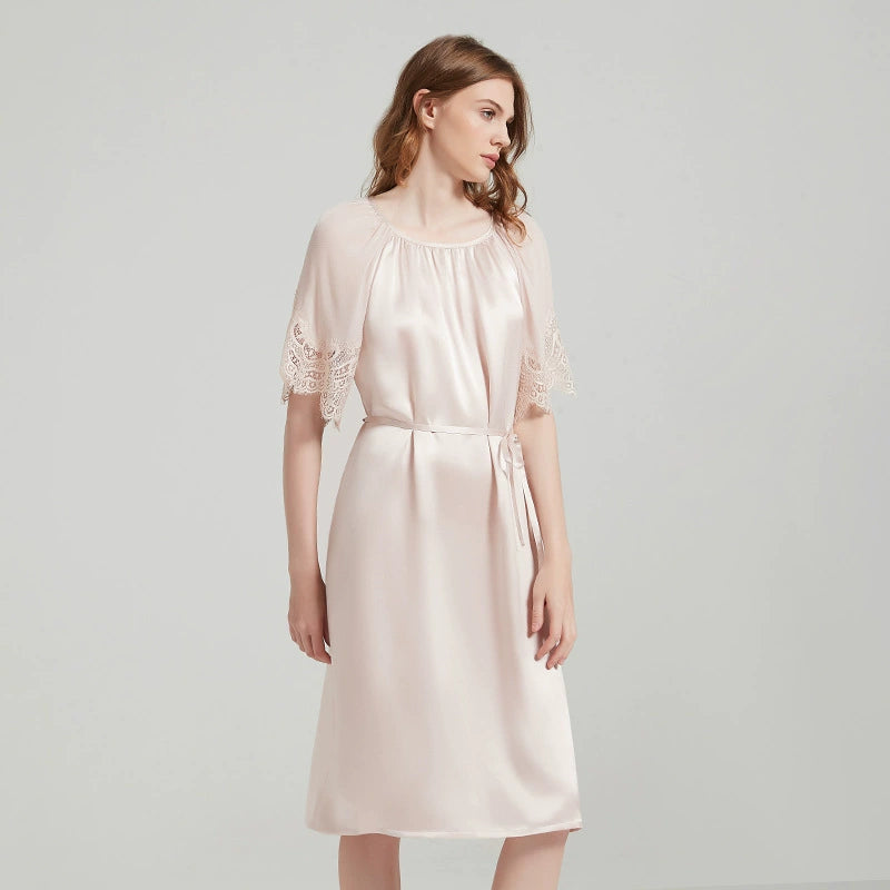 Silk Nightgown - Elegant Lace Short Sleeve & Simple Sleepwear - LANI SILK 