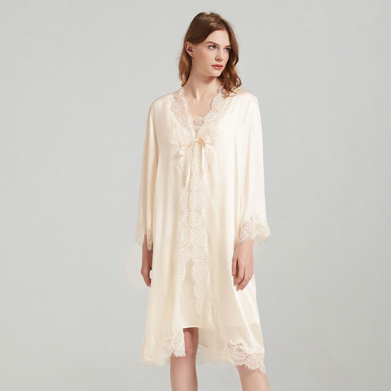 Silk Robes - Robe Lace Trim Sleepwear Loungewear - LANI SILK 