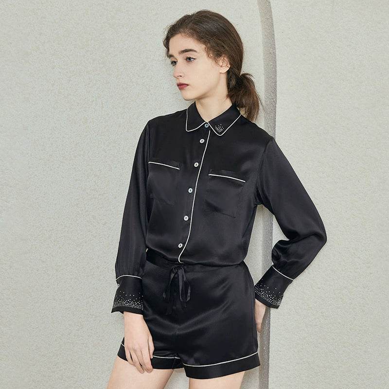Silk Pajamas – Rhinestone-Embellished Luxury with Elegant Accents - LANI SILK 