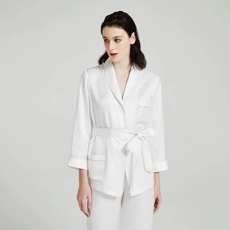 Silk Pajama Set - Houndstooth Jacquard Long Sleeve Loungewear - LANI SILK 