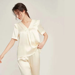 Silk Pajamas - Short Sleeve Ruched Casual Long Pants