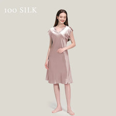 Silk Nightgown - Short Sleeve V Neck Sexy Sleep Dress