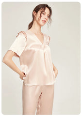 Silk Pajamas - Short Sleeve Ruched Casual Long Pants