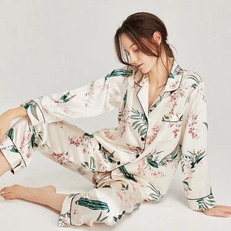 Silk Pajamas - Floral Print Long Sleeve Two Piece Sleepwear 2025 - LANI SILK 