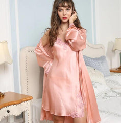 Silk Nightgown - Sexy Lace Long Sleeve French Robe - LANI SILK 