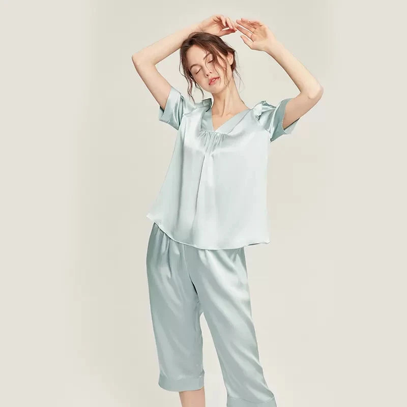 Silk Pajamas - Short Sleeve Ruched Casual Long Pants