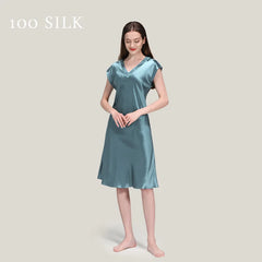 Silk Nightgown - Short Sleeve V Neck Sexy Sleep Dress