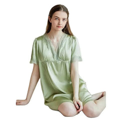 Silk Nightgown - Lace Short Sleeves Chest Pads Elegant Sleepwear