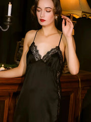 Silk Nightgown - Spaghetti Straps Lace Hollow Sleepwear