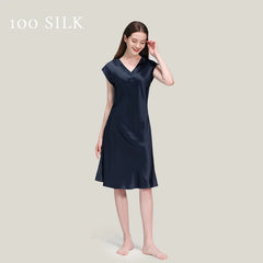 Silk Nightgown - Short Sleeve V Neck Sexy Sleep Dress