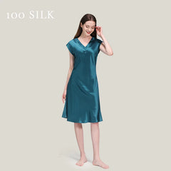 Silk Nightgown - Short Sleeve V Neck Sexy Sleep Dress