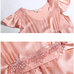 Silk Nightgown - Short Sleeves Ruffle Embroidered Sleepwear