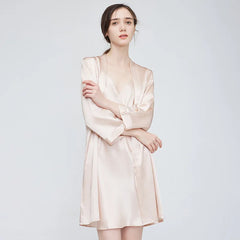 100% Real Silk Sleepwear – Elegant V-Neck Robe & Sexy Nightdress Set