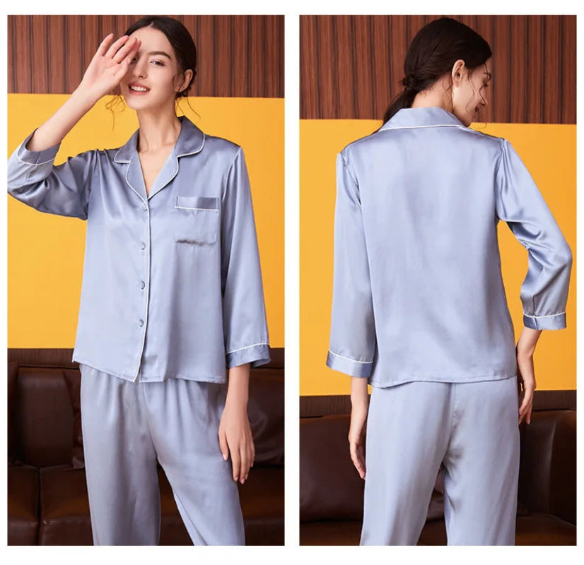 Silk Pajamas - Women's Long-Sleeve Set With Pockets