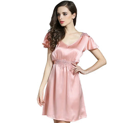 Silk Nightgown - Short Sleeves Ruffle Embroidered Sleepwear