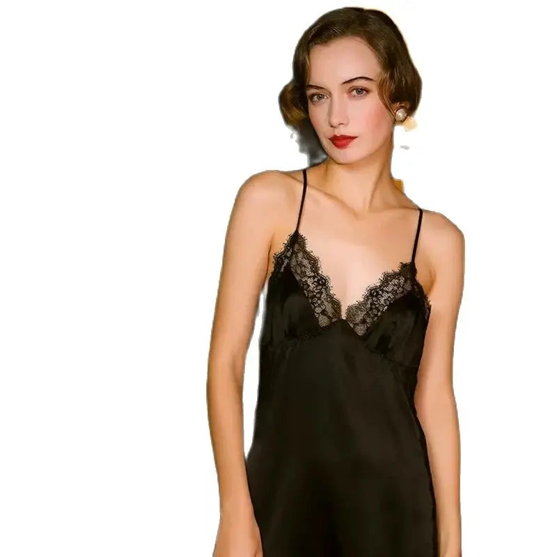 Silk Nightgown - Spaghetti Straps Lace Hollow Sleepwear