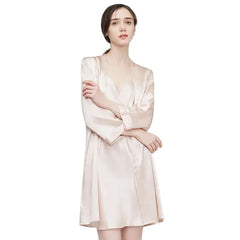 100% Real Silk Sleepwear – Elegant V-Neck Robe & Sexy Nightdress Set