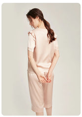 Silk Pajamas - Short Sleeve Ruched Casual Long Pants