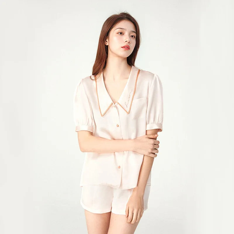 Silk Pajamas - Short Sleeve & Shorts Elegant Embroidered