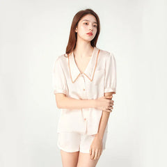 Silk Pajamas - Short Sleeve & Shorts Elegant Embroidered