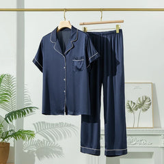 Silk Pajamas - Short Sleeve Turn Down Collar Nightwear 