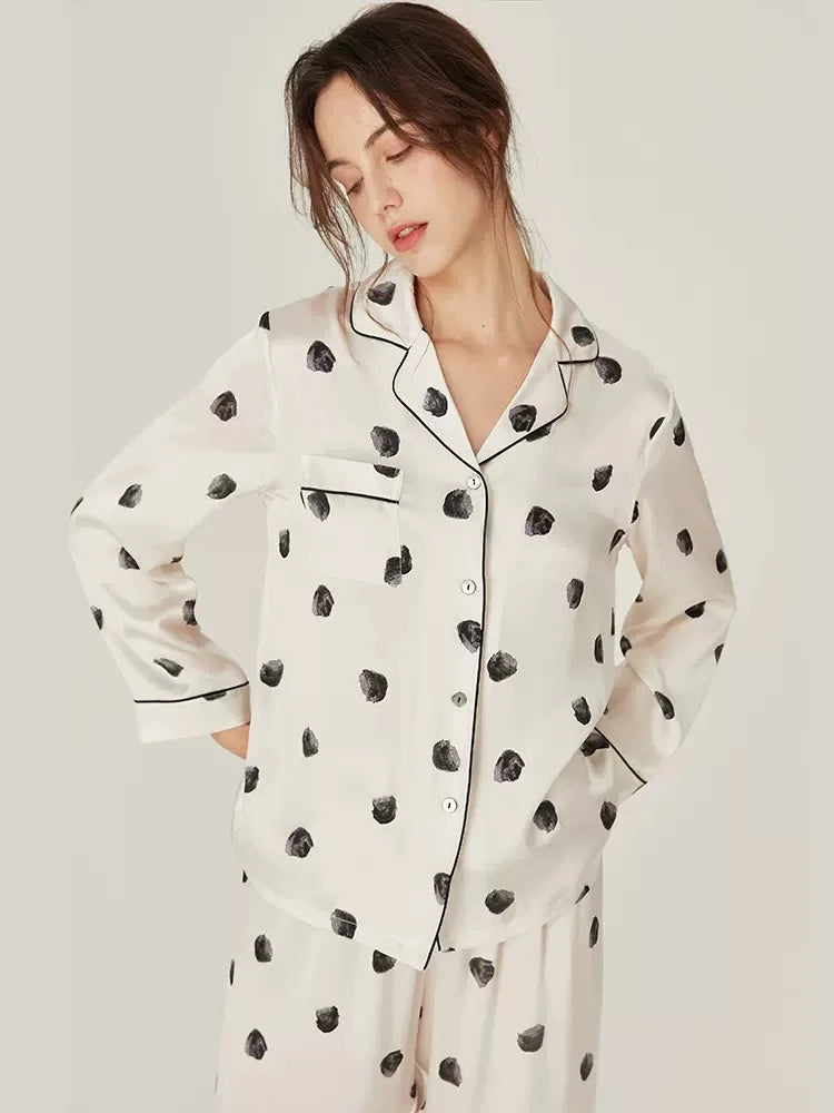 Silk Pajamas - Wave Dot Print Long Sleeve Set