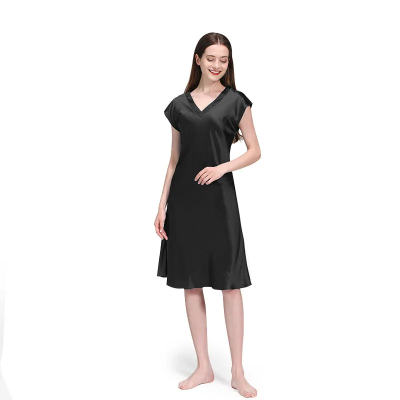 Silk Nightgown - Short Sleeve V Neck Sexy Sleep Dress