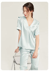 Silk Pajamas - Short Sleeve Ruched Casual Long Pants