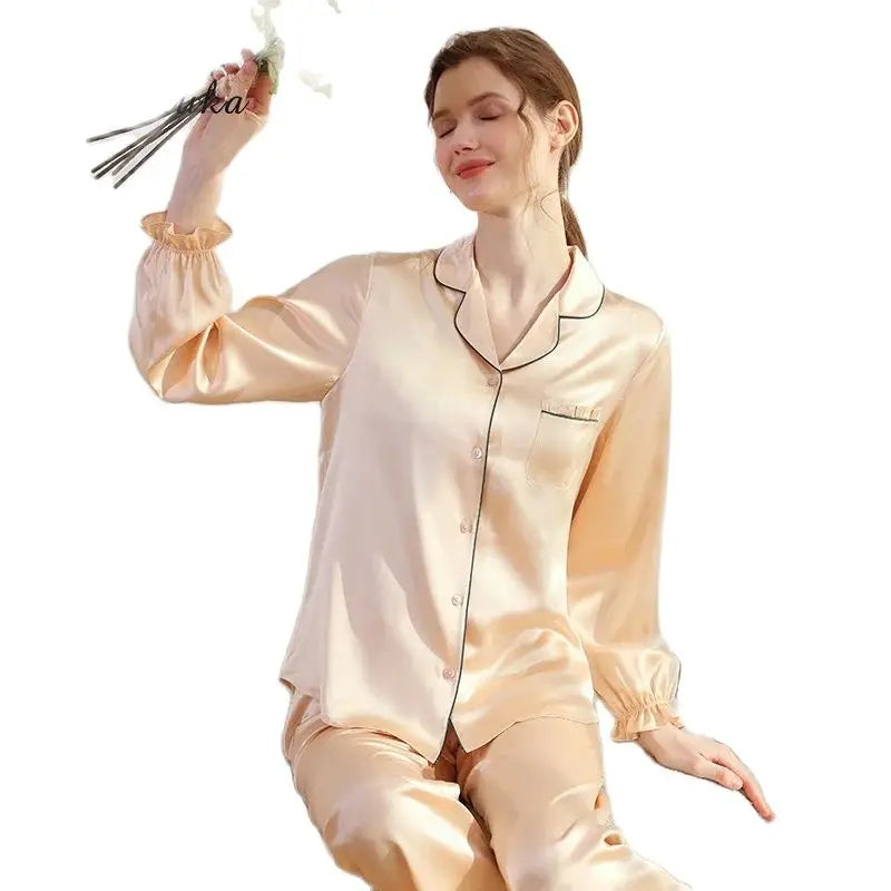 Silk Pajamas - Ruched Sleeves Elegant Casual Loungewear