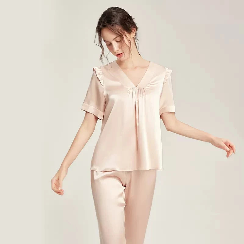 Silk Pajamas - Short Sleeve Ruched Casual Long Pants