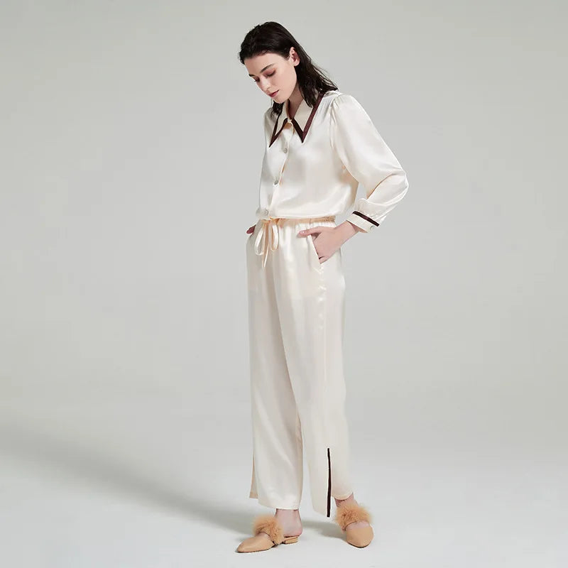 Silk Pajamas - Long Sleeve Turndown Collar Breathable Loungewear