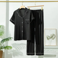 Silk Pajamas - Short Sleeve Turn Down Collar Nightwear 