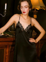 Silk Nightgown - Spaghetti Straps Lace Hollow Sleepwear