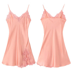 Silk Nightgown Sweet Spaghetti Strap Sleeveless V-Neck Pink Summer