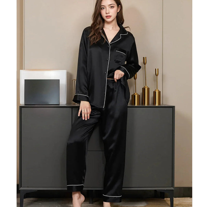 Silk Pajamas - Solid Long Sleeve Comfortable Loungewear