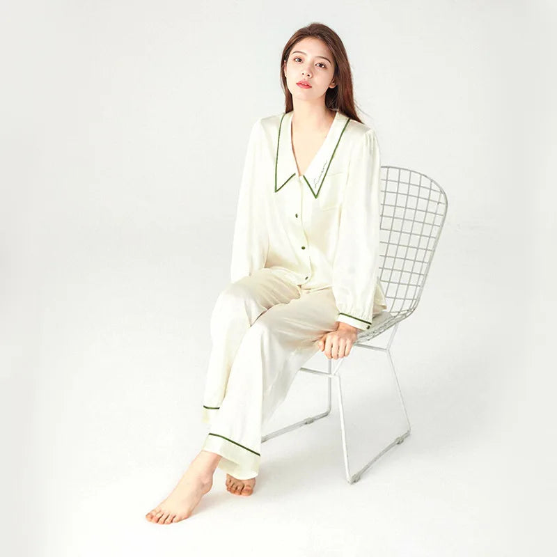 Silk Pajamas Women Long Sleeve Pants French Embroidery Sweet Homewear