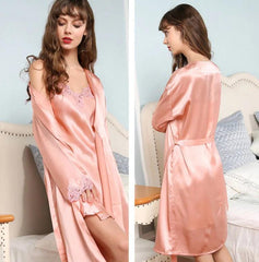 Silk Nightgown - Sexy Lace Long Sleeve French Robe - LANI SILK 