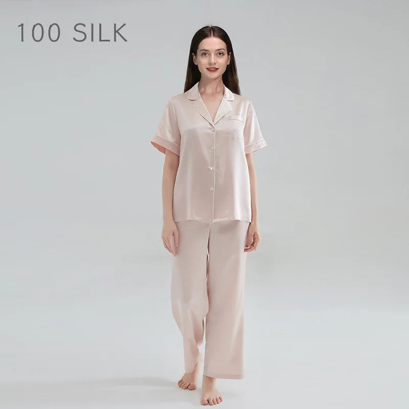 Silk Pajamas - Premium 100% Silk Sleepwear Short Sleeve & Long Pants