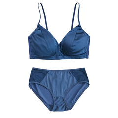 Silk Bra Set -  Wire-Free Thin Mold Cup Blue & Black