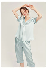 Silk Pajamas - Short Sleeve Ruched Casual Long Pants