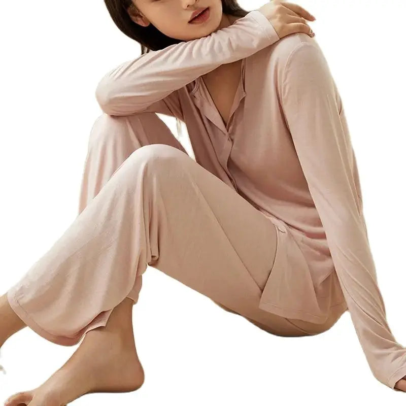 Silk Pajamas - V Neck Long Pants Elegant Loungewear