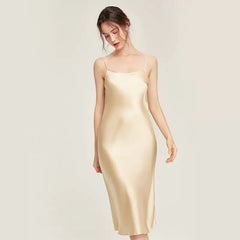 Silk Dress Homewear Sexy Sling Solid V Neck Skin-friendly Night Skirt