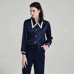 Silk Pajamas - Long Sleeve Turndown Collar Breathable Loungewear