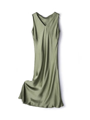 Silk Dress Women Long V Sleeveless Tank Spring Summer Clothes Green