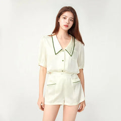 Silk Pajamas - Short Sleeve & Shorts Elegant Embroidered